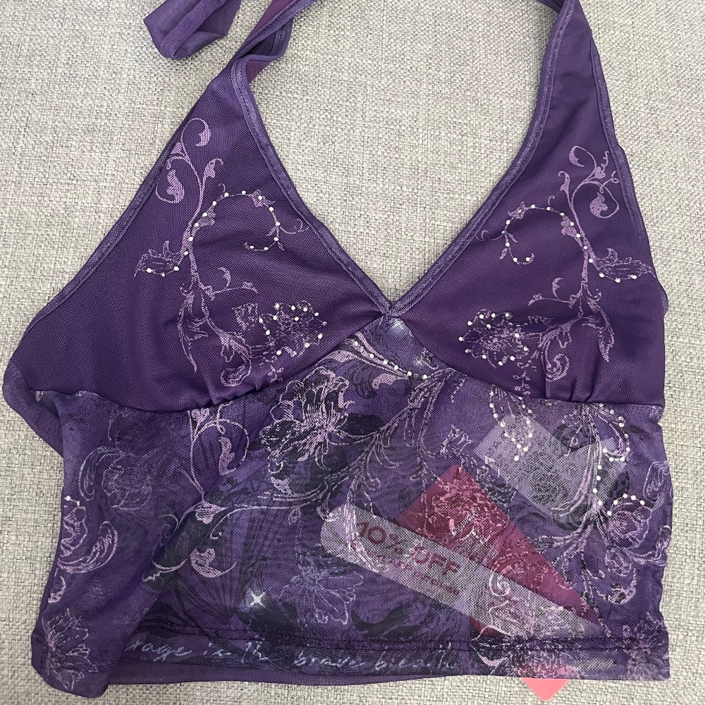 Vintage-Inspired Purple Mesh Halter Top (Size XS / US 2) – Floral & Rhinestone D